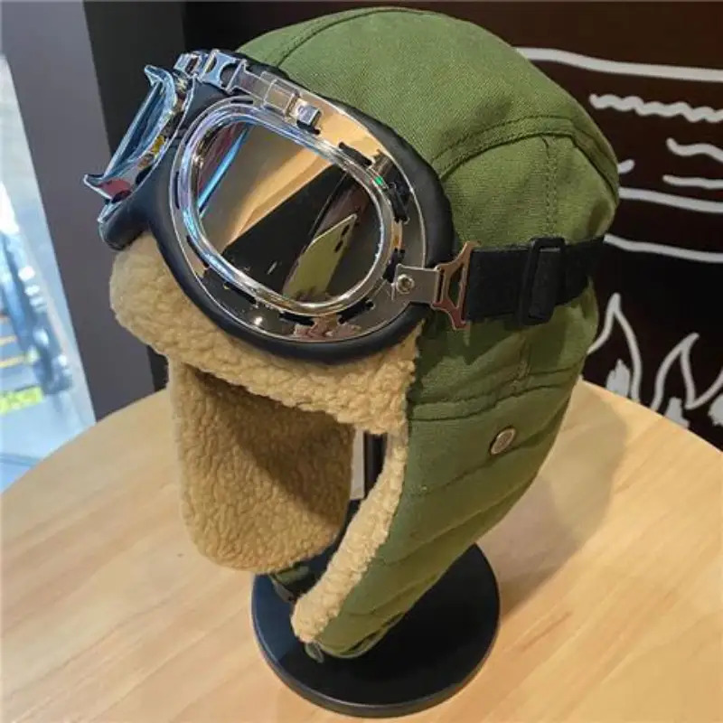 retro pilot cap winter hats for men with goggles warm fleece lined thermal ear flap snow hat for skiing snowboarding cycling motorcycle windproof cold weather gear for women men adjustable winter with visor for outdoor sports