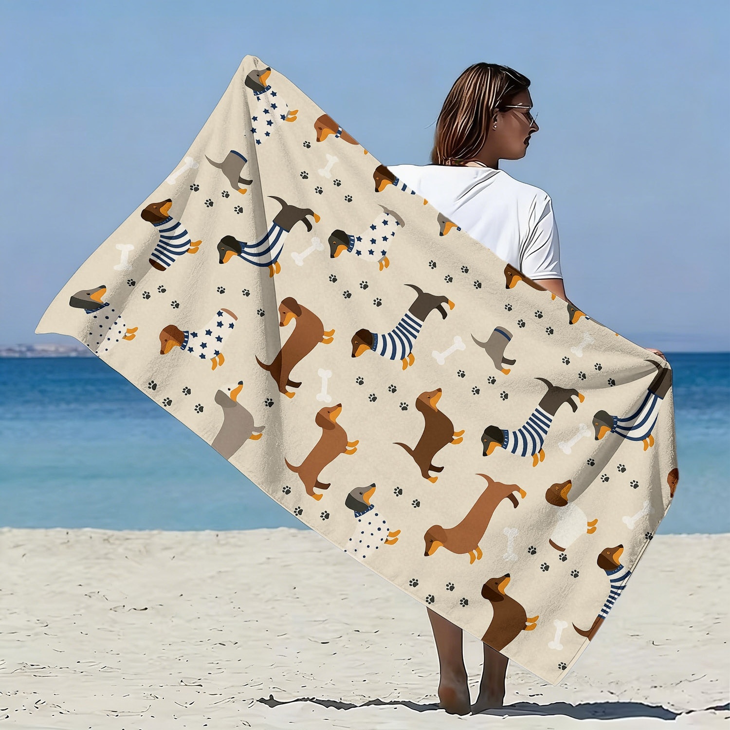 TEMU 1pc, Cute Dachshund Style Oversized Soft Beach Towel, Cartoon Dog Print Pattern, Fiber Bath Towel, Quick-dry And Super Absorbent, Suitable For