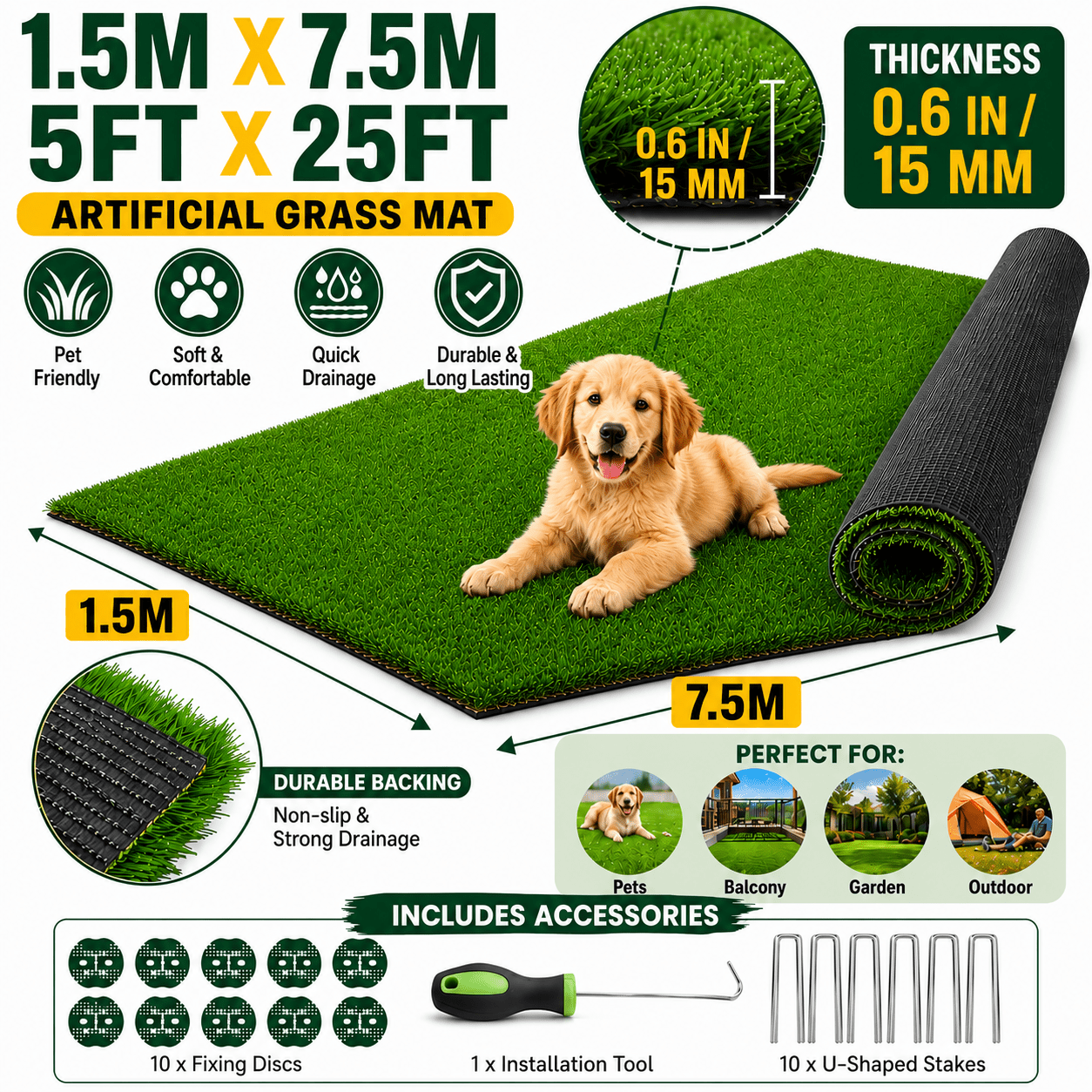 Image of 1.5x7.5m (5x25ft) Artificial Grass Turf Mat, 125 Sq Ft , 0.6 (15mm) Pile Height, Rubber Backed, Wear-resistant, Cuttable, Pet-friendly For Patio, Balcony And Dogs
