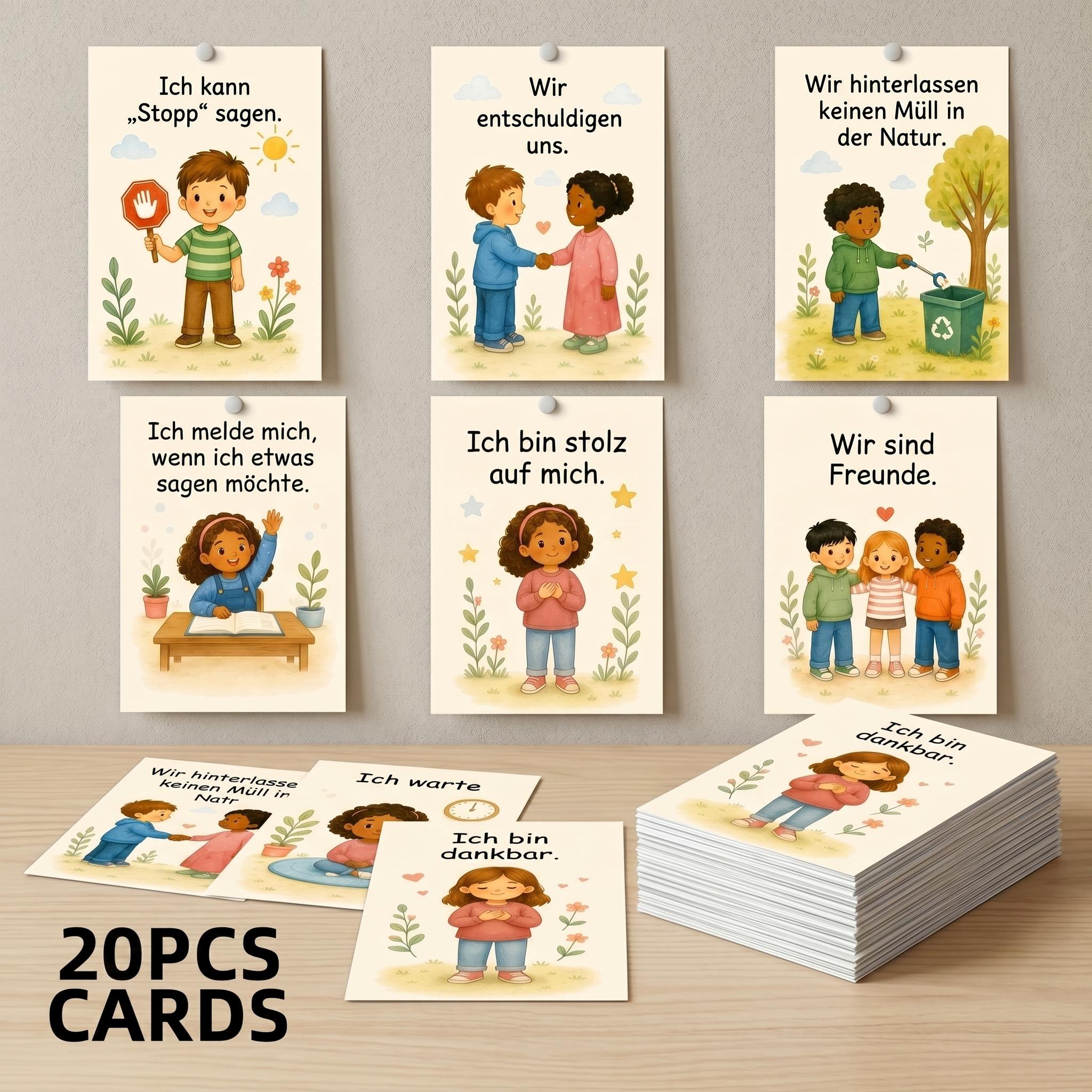 Image of 20pcs German Behavioral Rules Cards| Cute Cartoon Social Behavior Cards With Stop, Handwashing, And Safety| Perfect Gift For Teachers And Parents