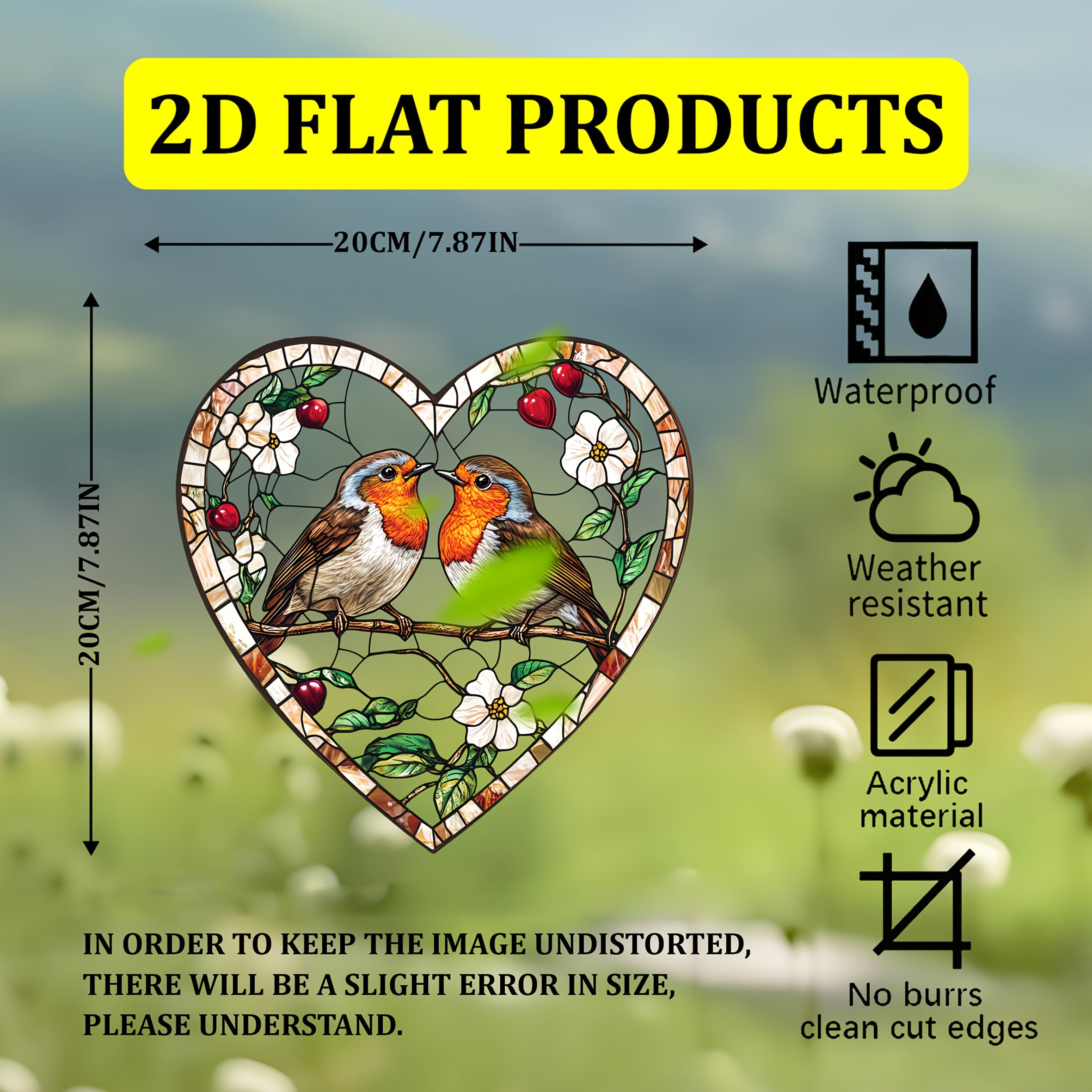 TEMU 2d Flat, Robin & Floral Heart-shaped Wall Hanging - Acrylic Window Door Decoration Suitable For Windows, , Rooms - Suitable For Rooms Decor,