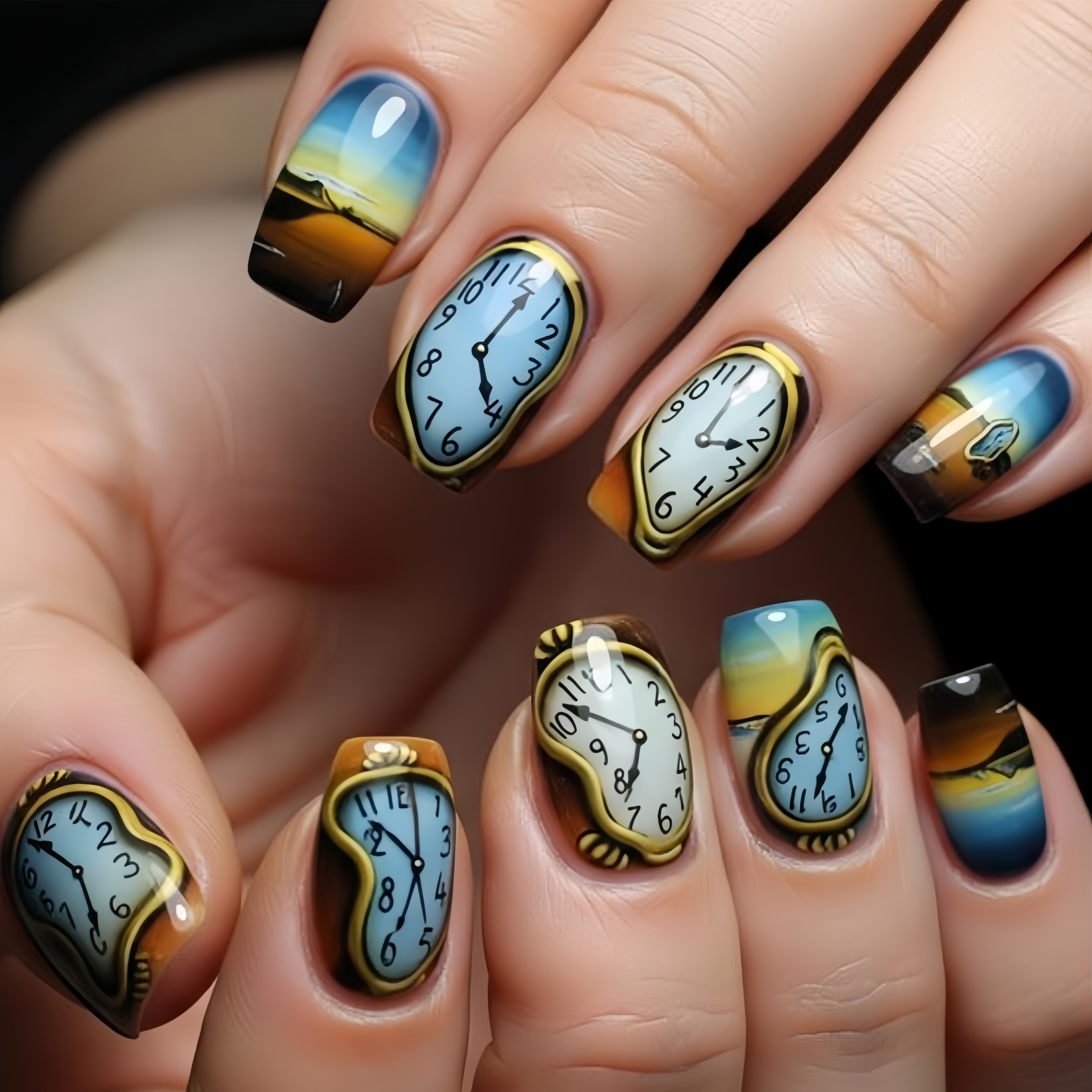 24pcs Clocks Landscape Oil Painting Wearable Nail Long Square Pieces Nail Art Detachable Fake Nails Press-on Nails Women's Wearable Nail Art