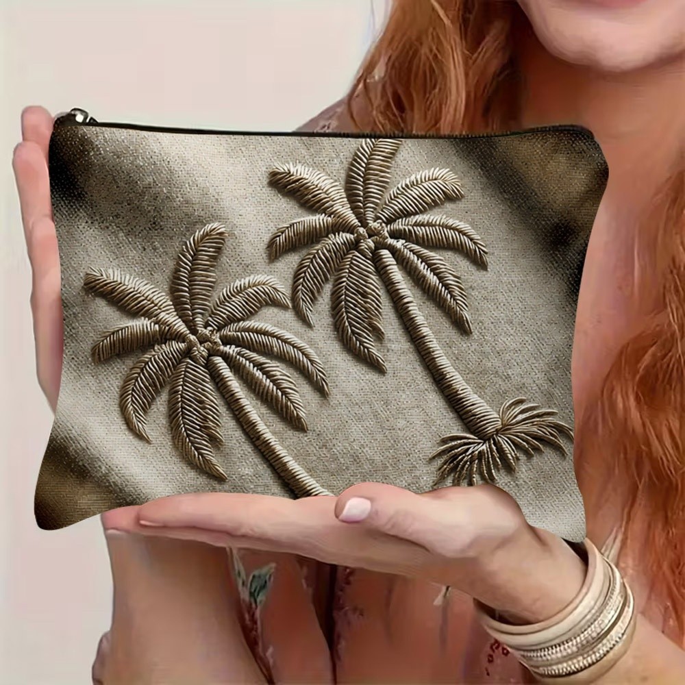 TEMU Golden Palm Tree Embroidered Cosmetic Bag - Tropical Neutral Tote Suitable For Toiletry Organization, Travel & Daily Use, Portable Polyester
