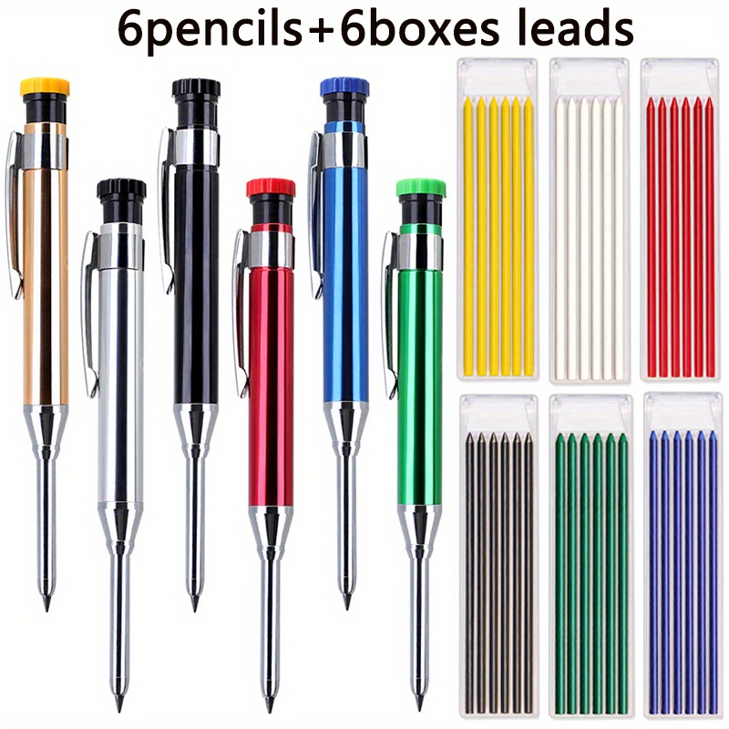 Image of 12pcs/set 2.8mm Hole Woodworking Pencil Set With 6colors Leads And Built-in Sharpener, Multicolour, Carpenter Marker Drawing Pencils Construction Tool (6pencils And 6boxes Leads)