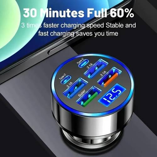 a car charger with fast charge 2 pd function with 4 usb ports display 6 in 1 mobile phone charging head with 7a for car mobile phone adapters and accessories