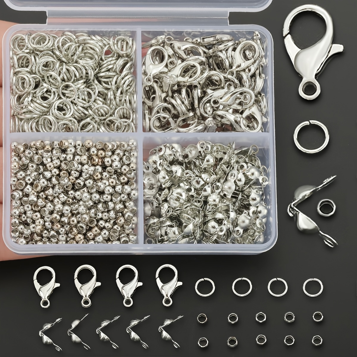 E-shop 300 Stück Karabinerverschluss/Jumpringe/Spacer-Perlen/Clasps-Set, inklusive 50 Karabinerverschlüssen, 100 Jump-Ringen, 100 Spacer-Perlen und 50