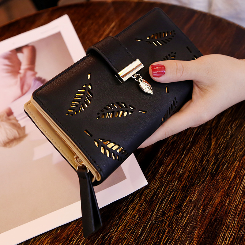 TEMU 2026 New Women's Wallet Sweet And Elegant Pu Horizontal Zipper Medium-long Hollow Leaf Coin Purse