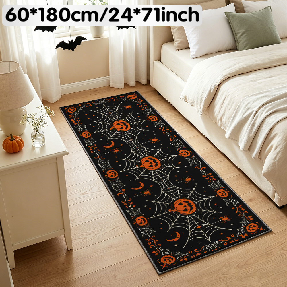 TEMU 1pc Halloween Velvet Runner Rug, Web & Pumpkin Print Non-slip Washable Long Carpet, Festive Halloween Decor For Indoor Entryway, Hallway,