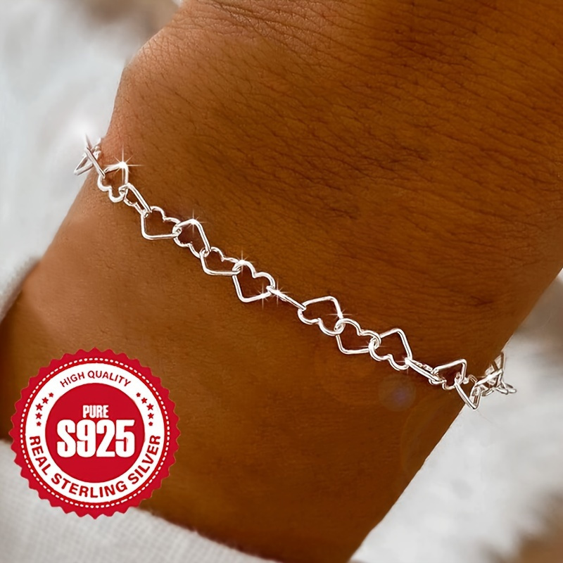 TEMU An Elegant 925 Sterling Silver Heart-shaped Bracelet For Ladies - Hypoallergenic, Lightweight, Perfect Gift For Christmas, Valentine's Day, Birthdays, And Anniversaries