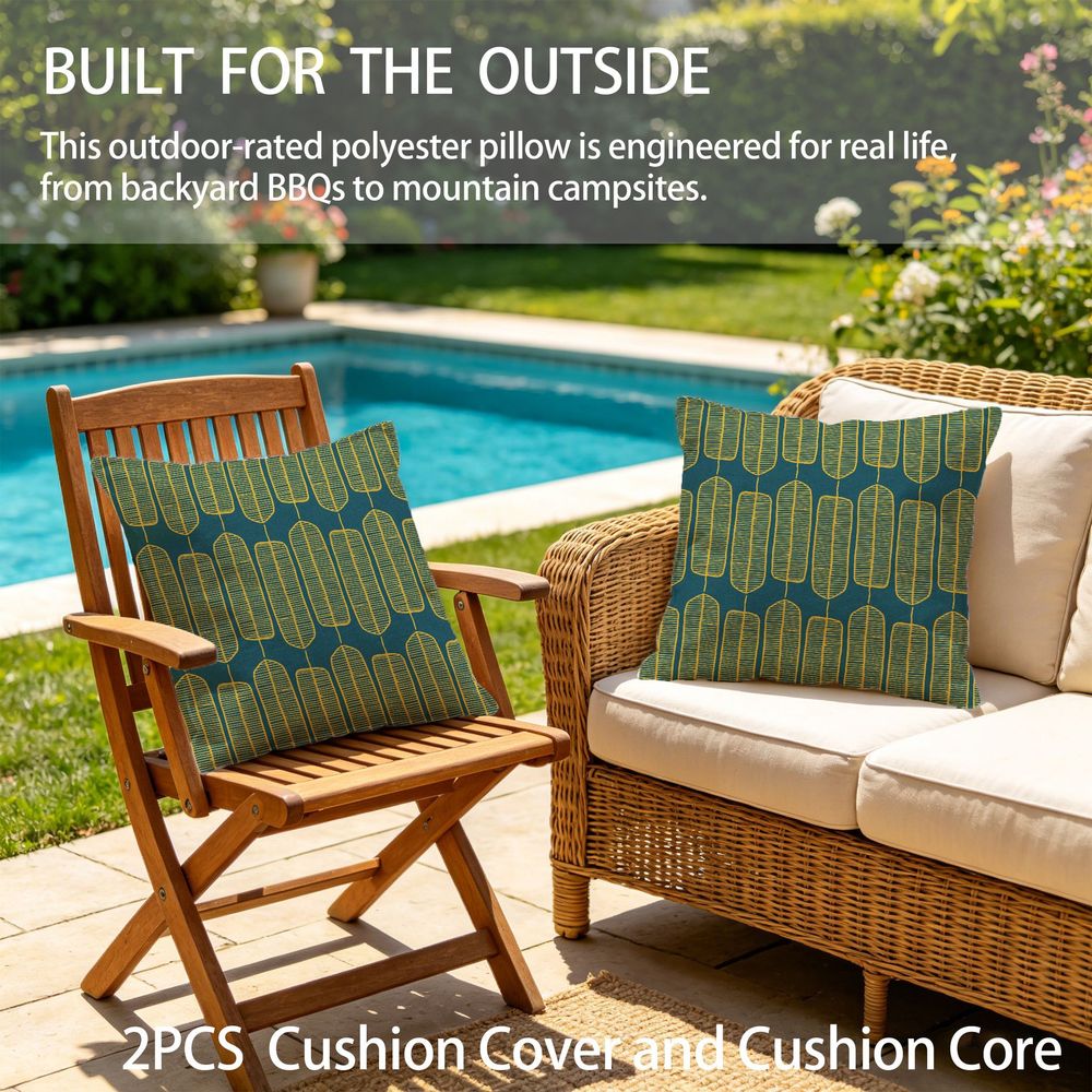 Outdoor Pillows 2pcs Set with InsertAbstract Golden Teal Geometric Seed Pod Pattern Print 18x18 Inch Outdoor Throw Pillow with Insert, Water-Resistant Fabric for Patio Garden Sofa Bench and All-Season Home Decor Decoration with Insert