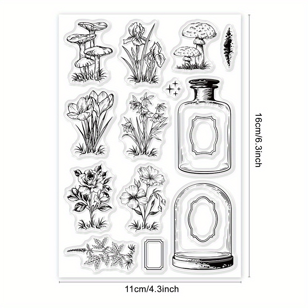 TEMU 1 Sheet Ahandmaker Clear Plastic Stamps - Vintage Botanical Floral & Mushroom With Aged Glass Bottle Caps Design, Large 4.33" X 6.30" Long With