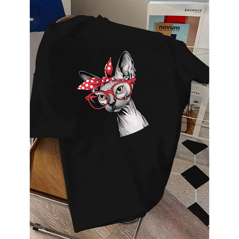 

T-shirt imprimé vintage pour homme avec chat et lunettes rouges, col rond décontracté, manches courtes, haut en polyester tricoté pour l'été avec légère extensibilité, coupe régulière - 150gsm