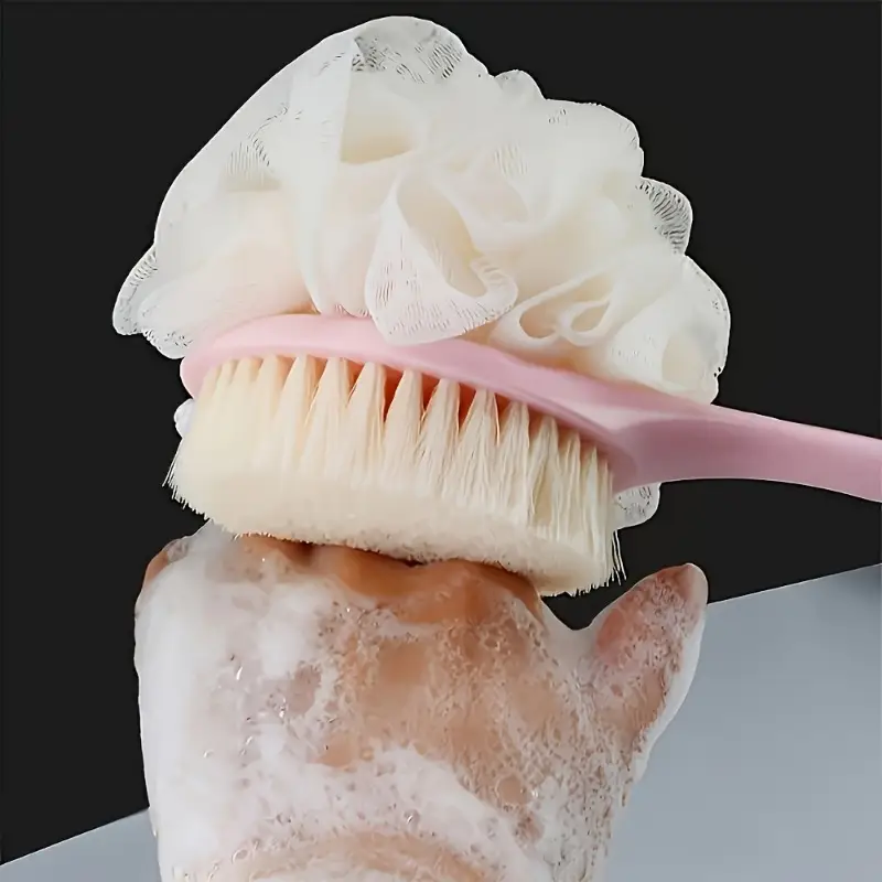 1 in 1 dual head back scrubber shower brush with soft towel long handle plastic bath brush for exfoliating back legs bristles ergonomic grip no battery needed bathroom essentials body cleaning accessory dualheaded design durable scrubbing tool sturdy construction skincare routine Product details 4