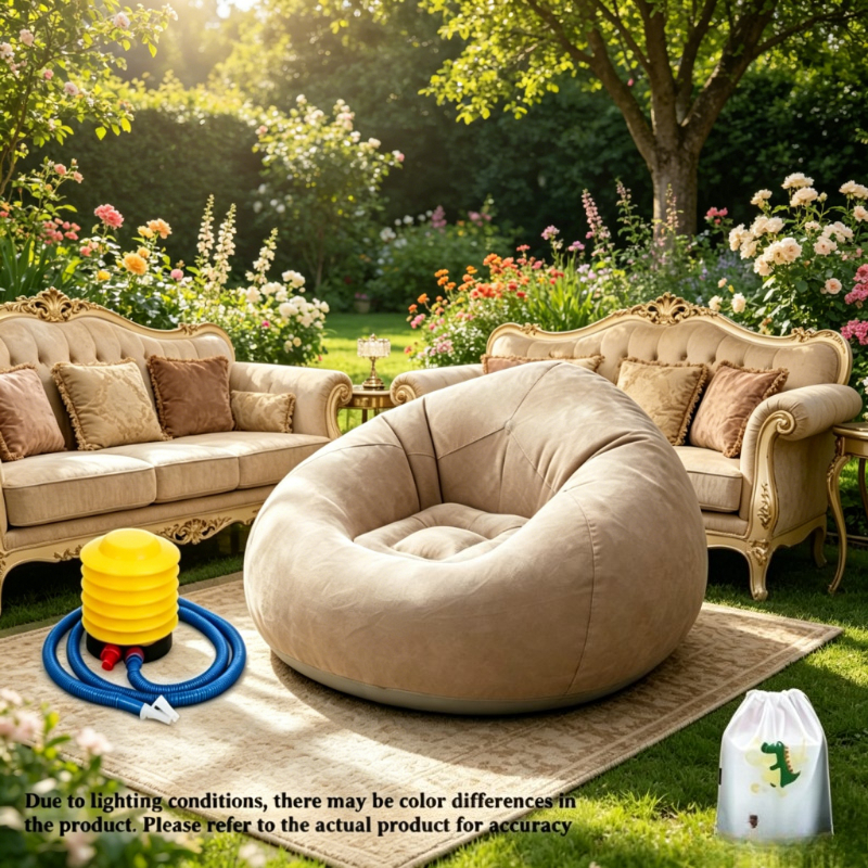 Light   Coffee-Colored Inflatable Bean Bag Sofa, Easy And Stylish Design,   with a Manual Air Pump And a Cute Dinosaur Storage Bag. Made of High-Quality Fabric,   Tough, Wear-Resistant, And Not   Damaged