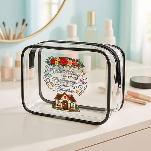 cosmetic bag floral wreath dragonfly cottage clear pvc zippered makeup organizer bag rustic whimsical style with accents portable transparent cosmetic storage pouch for use gift for makeup lovers home