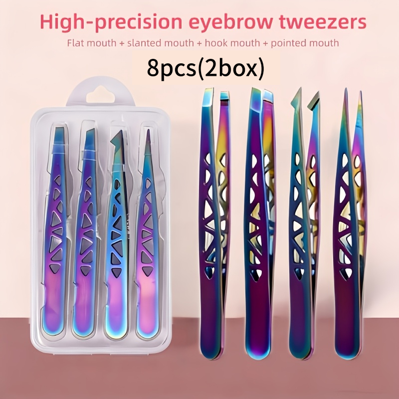 TEMU Rainbow Titanium-8pcs() Set Of High-precision Stainless Steel Hollow -shaped Tweezers, 96pcs Eyebrow Trimming Kit, Eyebrow Tweezers For Hair