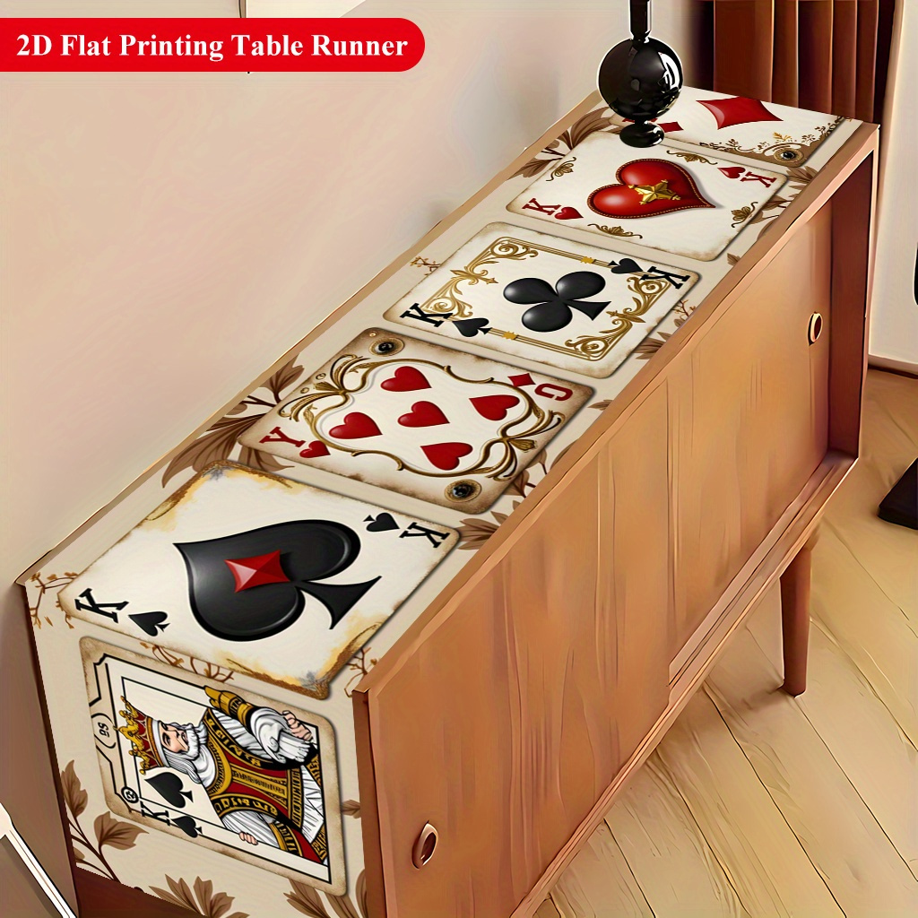 TEMU 2d Flat 1pc, Poker Card Artistic Illustration Design Polyester Table Runner, Theme Rectangular Tablecloth, Suitable For Dining Table, Coffee