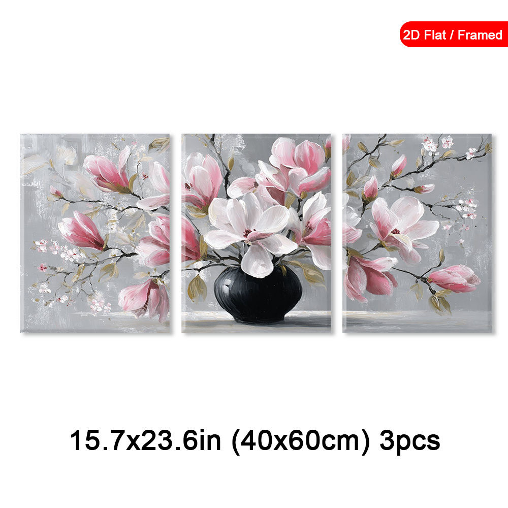TEMU 2d Flat, 3pcs Framed Magnolia Floral Wall Art, Pink White Blossoms Canvas Paintings, Black Vase Wall Arts, Contemporary Art Prints Decorations,