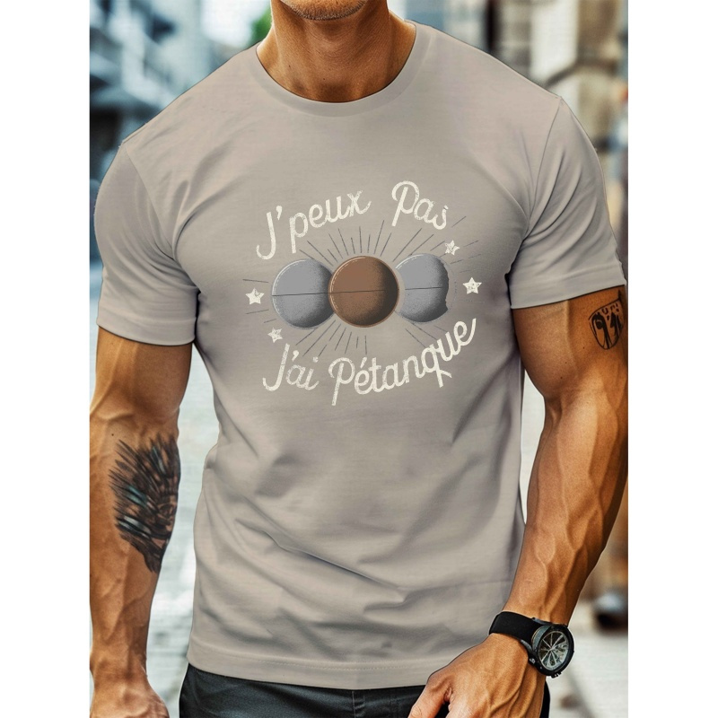 

1pc T-Shirt Décontracté pour Homme à Col Rond avec Imprimé "JE NE PAS, J'AI LA PÉTANQUE", Tissu en 100% Polyester, Motif Géométrique, Coupe Régulière, Haut d'Été Léger