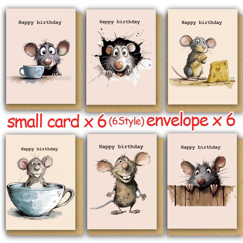 

6pcs Rat-themed Celebration Greeting Cards, Blank Inside, All-occasion Paper Cards For Anyone, With Envelopes, For Bulk Occasion And Thank You Cards