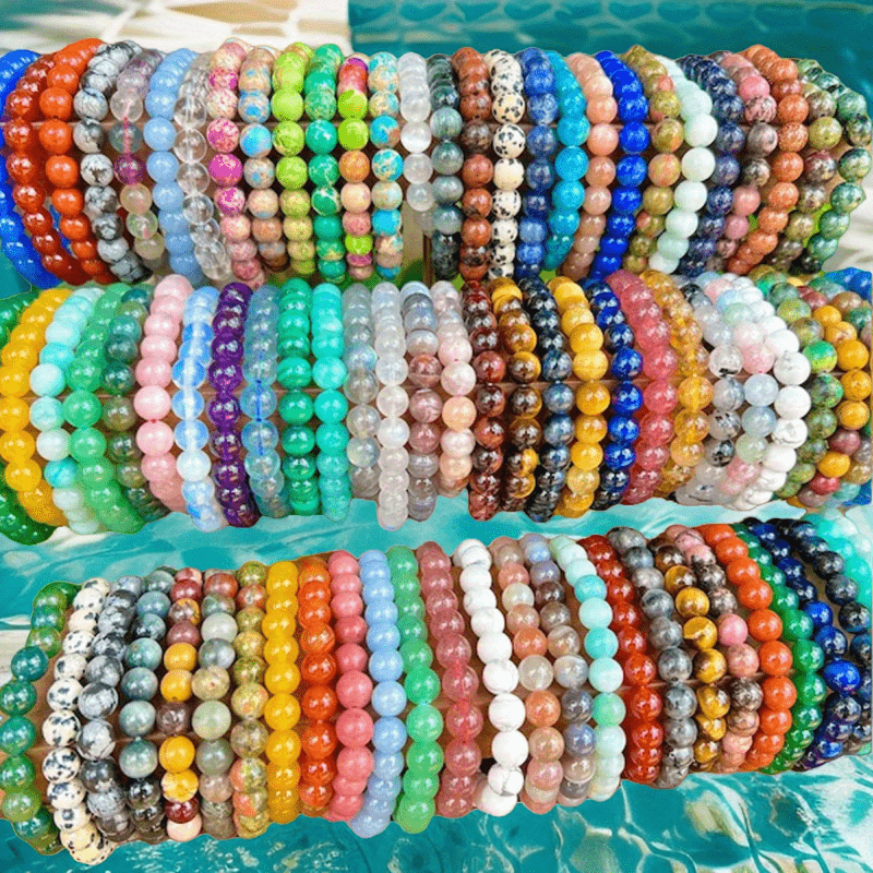 Randomly Selected 94pcs of Natural Stone and Glass Beads Mixed and Matched Bracelet, 8mm Round Bead Bracelet, with Elastic Rope Design, Natural Stone Combined with Glass Beads, Suitable for Daily Wear