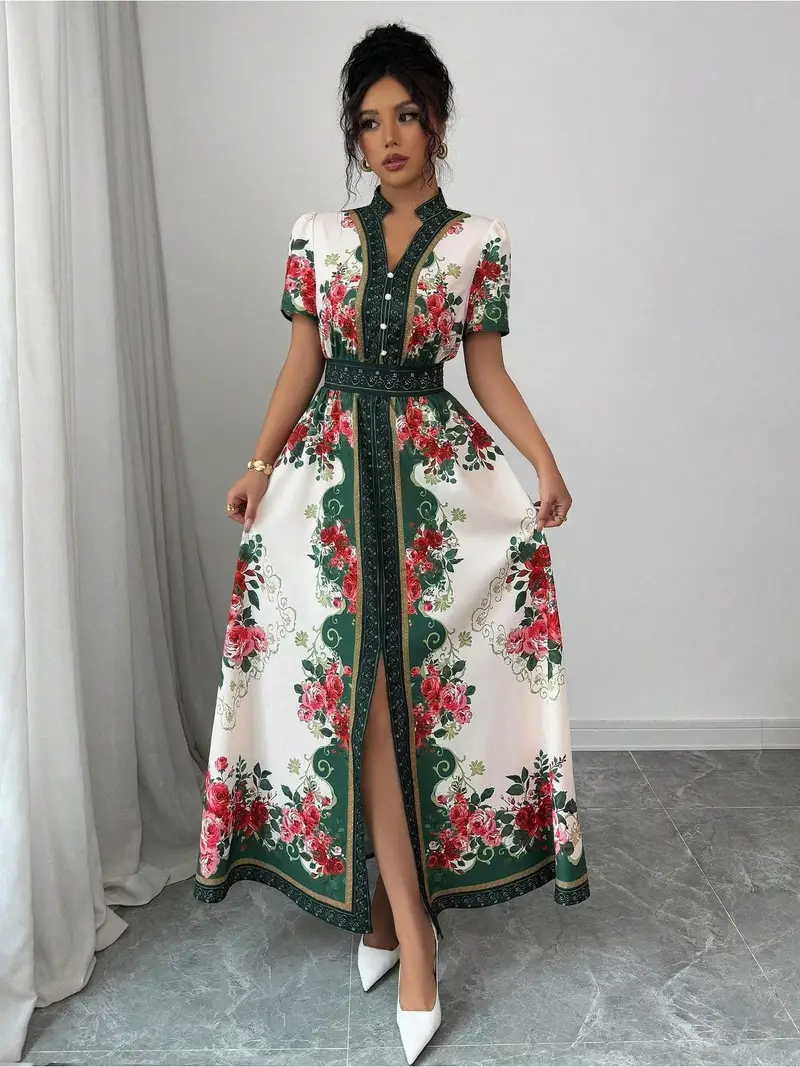womens floral a line dress flared hem party formal dress with elegant floral print in blue red white machine washable for weddings garden parties everyday outfits non stretch fabric wedding guest attire short sleeve design Product details 1