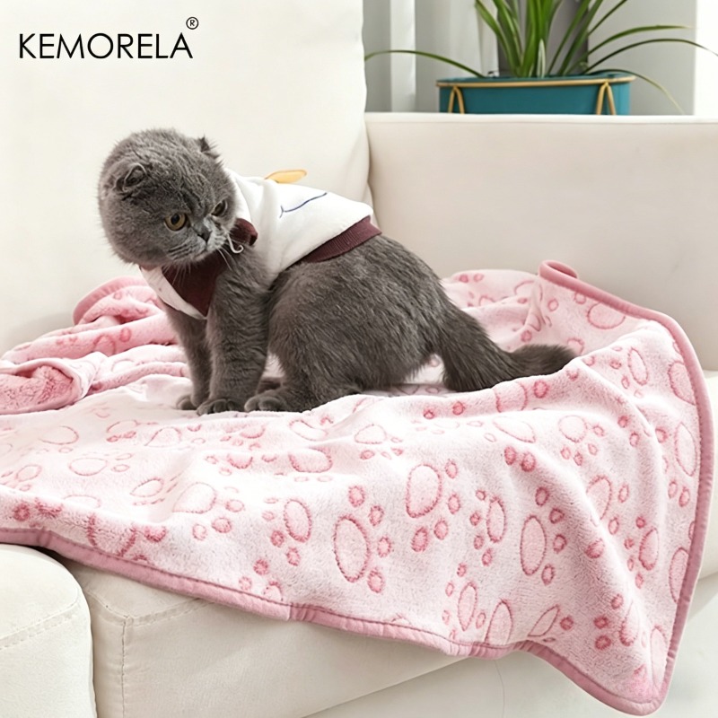 TEMU Kemorela Soft Flannel Pet Blanket For Dogs And Cats, Machine Washable Polyester, Thickened Warm And Comfortable, Paw Print Design, Dog Sleeping