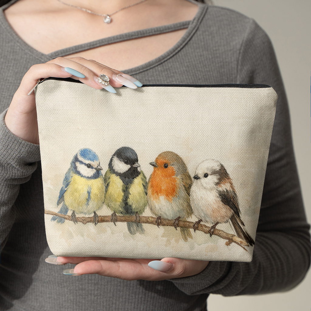 TEMU 1pc Of Makeup Bag, Featuring 4 Beautiful Little Birds Perched On A Branch. Made Of Linen, This Portable And Foldable Pouch Has A Zipper Closure.