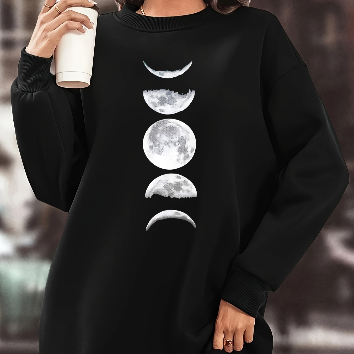 

Cozy Fleece-lined Moon Print Dress For Women - Long Sleeve, Crew Neck, Knee-length Sweatshirt Dress | Elegant & Comfortable Fall/winter Wear