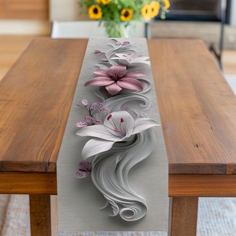 E-shop 1 Stück Moderner Tischläufer mit Rosa-Weißem Blumenmuster, 2D-Druck, Ideal für Frühling, Geburtstag, Party, Picknick, , für Küchen-