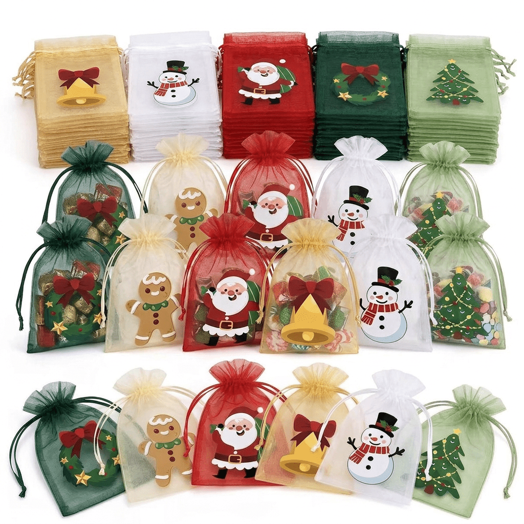 TEMU 36pcs Sacs d'organza de Noël de couleurs mélangées aléatoires, pochettes à cordon de serrage , sacs cadeaux en transparente avec festifs de Père