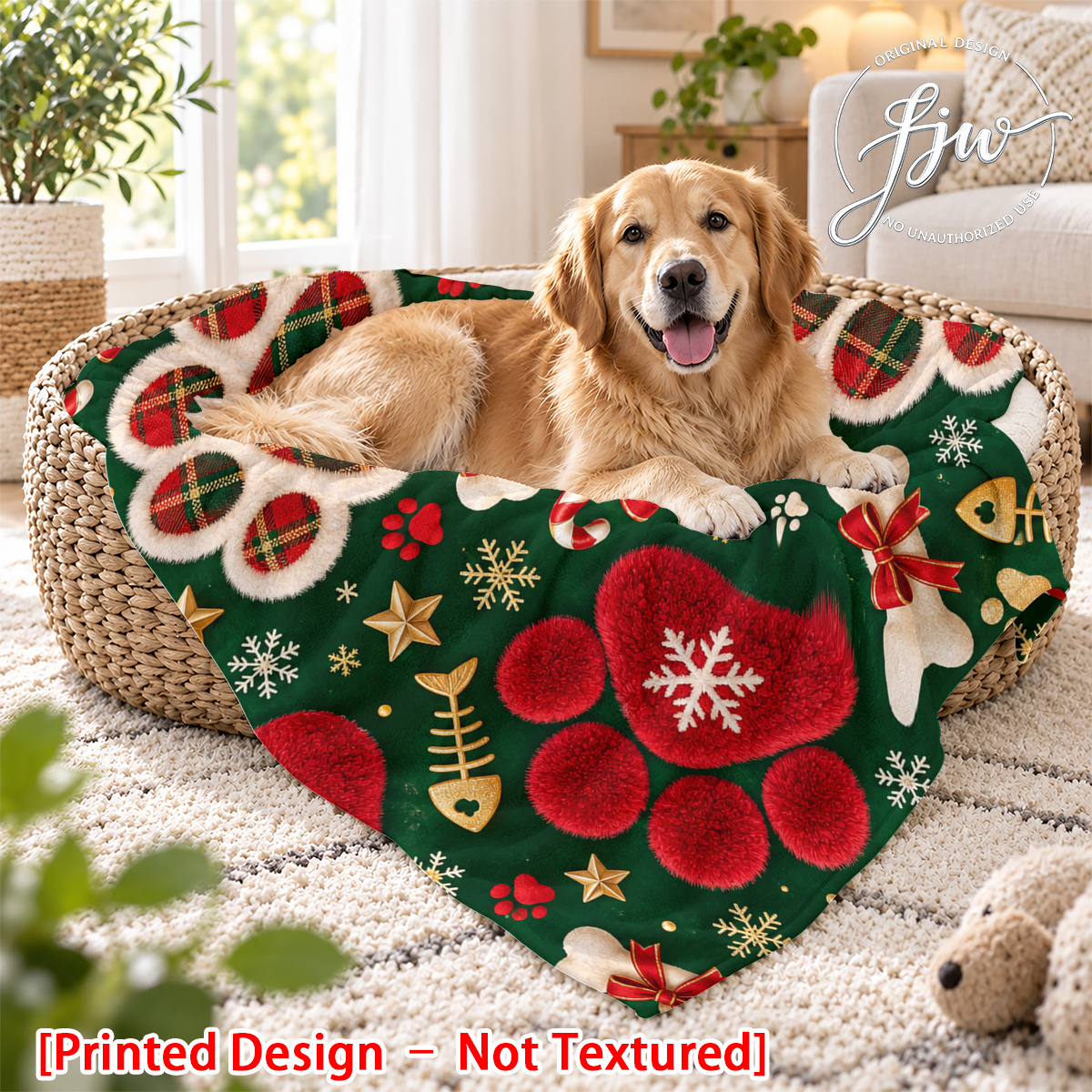 TEMU [printed Design – Not Textured] - 1pc Christmas Pet Blanket With Festive Paw Print And Holiday For Dogs And Cats. Festive Christmas-style Pet