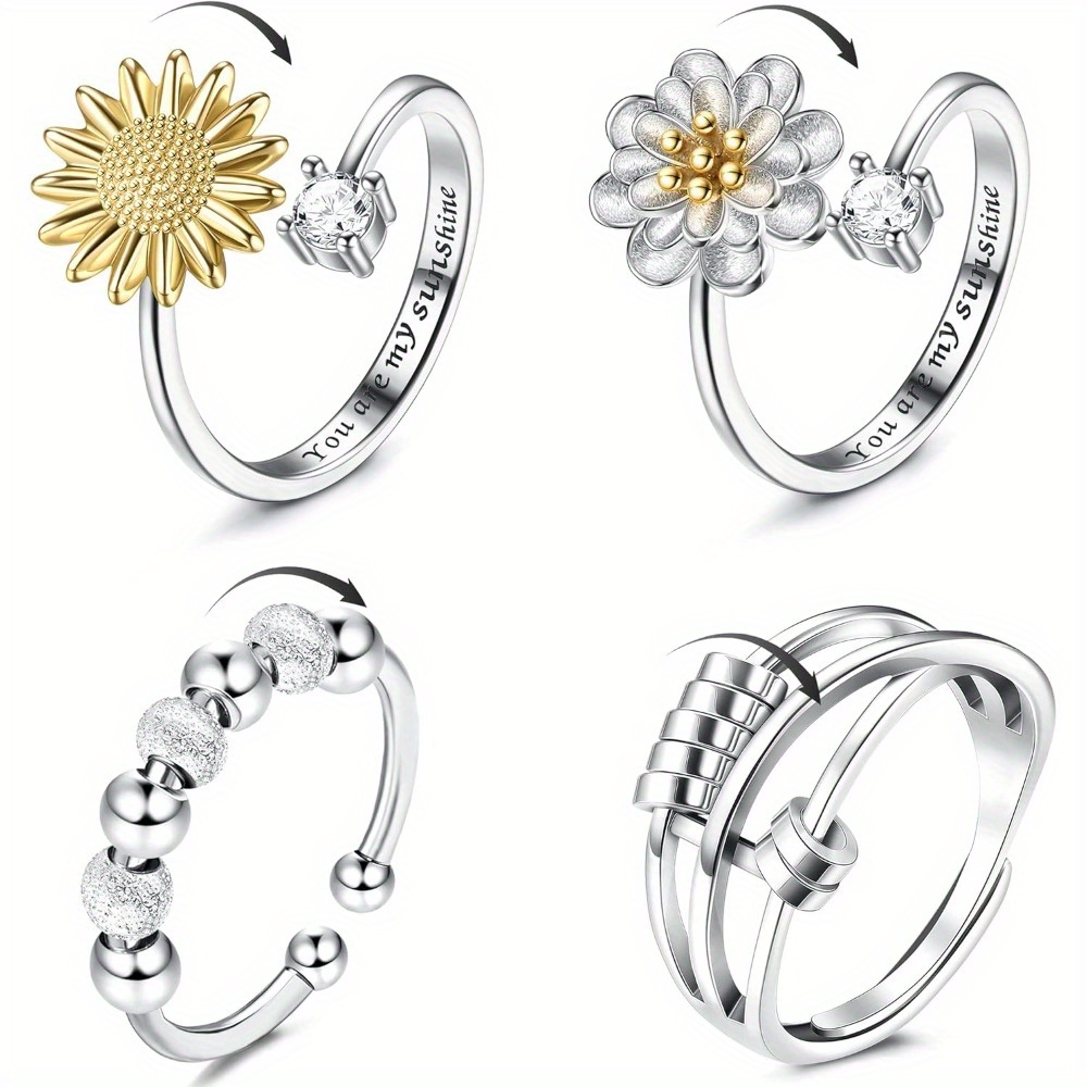 TEMU Lot de 4 anneaux de jeu GDELGT, perles bohèmes rotatives et réglables avec perles de , de marguerite et de , bague ouverte, pour cadeau, port ,