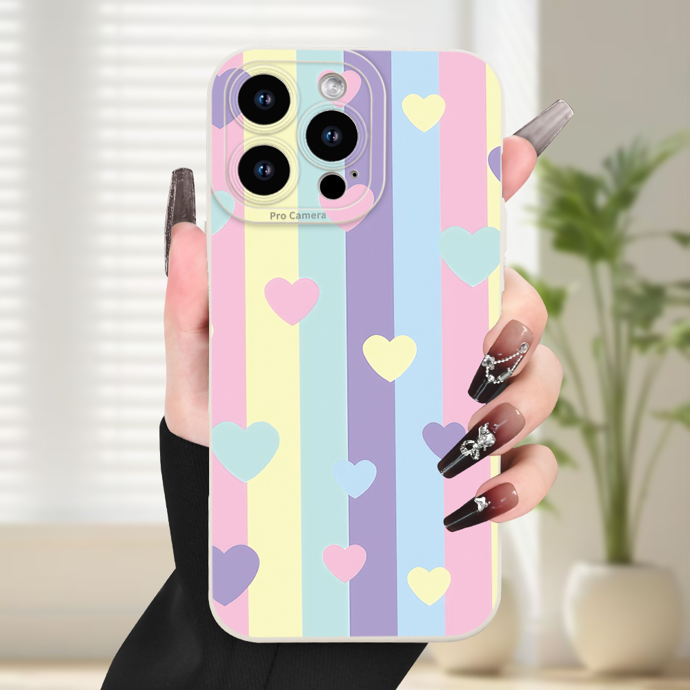 TEMU Phone Case - Fashionable Minimalist Colorful Striped Love Heart Pattern Phone Case Lens Protection Durable Print Comfortable Material Tpu Soft