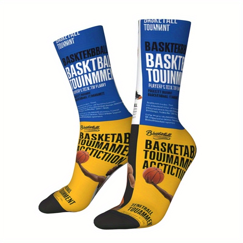 TEMU 1 Pair Men's Basketball Game Pattern Knee-high Socks, Comfortable Elastic Polyester Blend, Gifting, Parties, And Daily Wear, Fun Socks