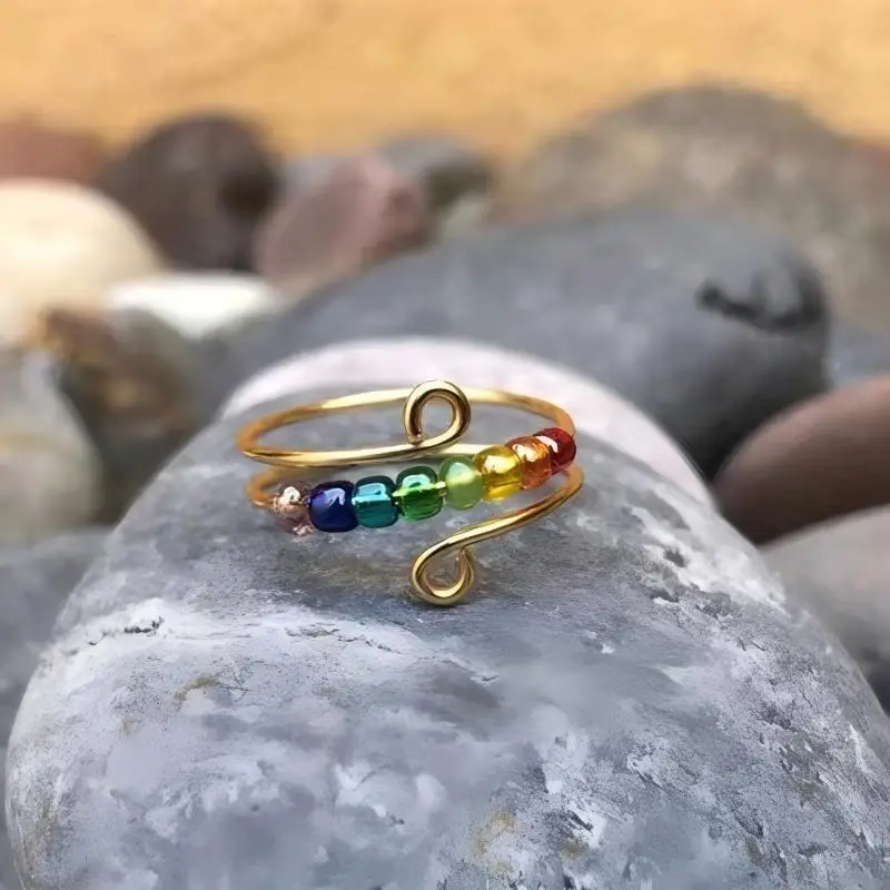 elegant boho stainless steel anxiety rings for women anti stress fidget spinner rings with rainbow beads rotates adjustable stacking jewelry for daily gift occasions christmas bohemian style best for christmas Product details 2