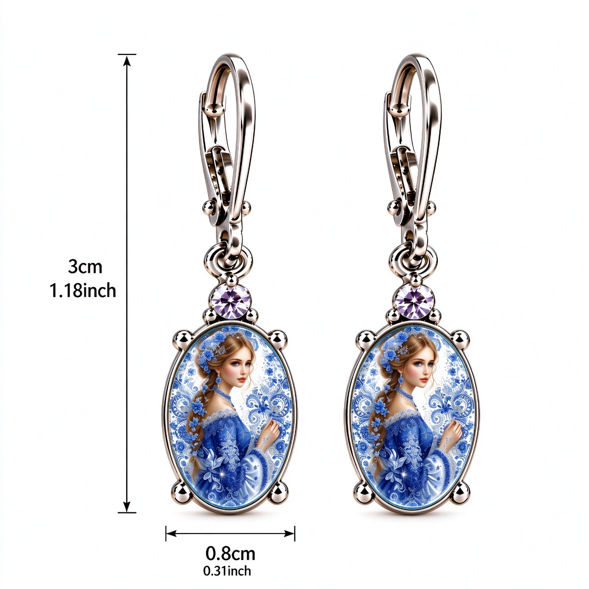 Women's Blue & White Portrait Pattern Hanging Earrings, Floral