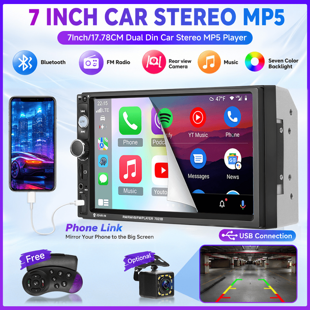 7-inch Screen Car Stereo Din With /phone , Wireless, , Colorful Backlight Settings, Steering Wheel Control Car Mp5 Multimedia Player And Rearview Camera (optional), Without Battery