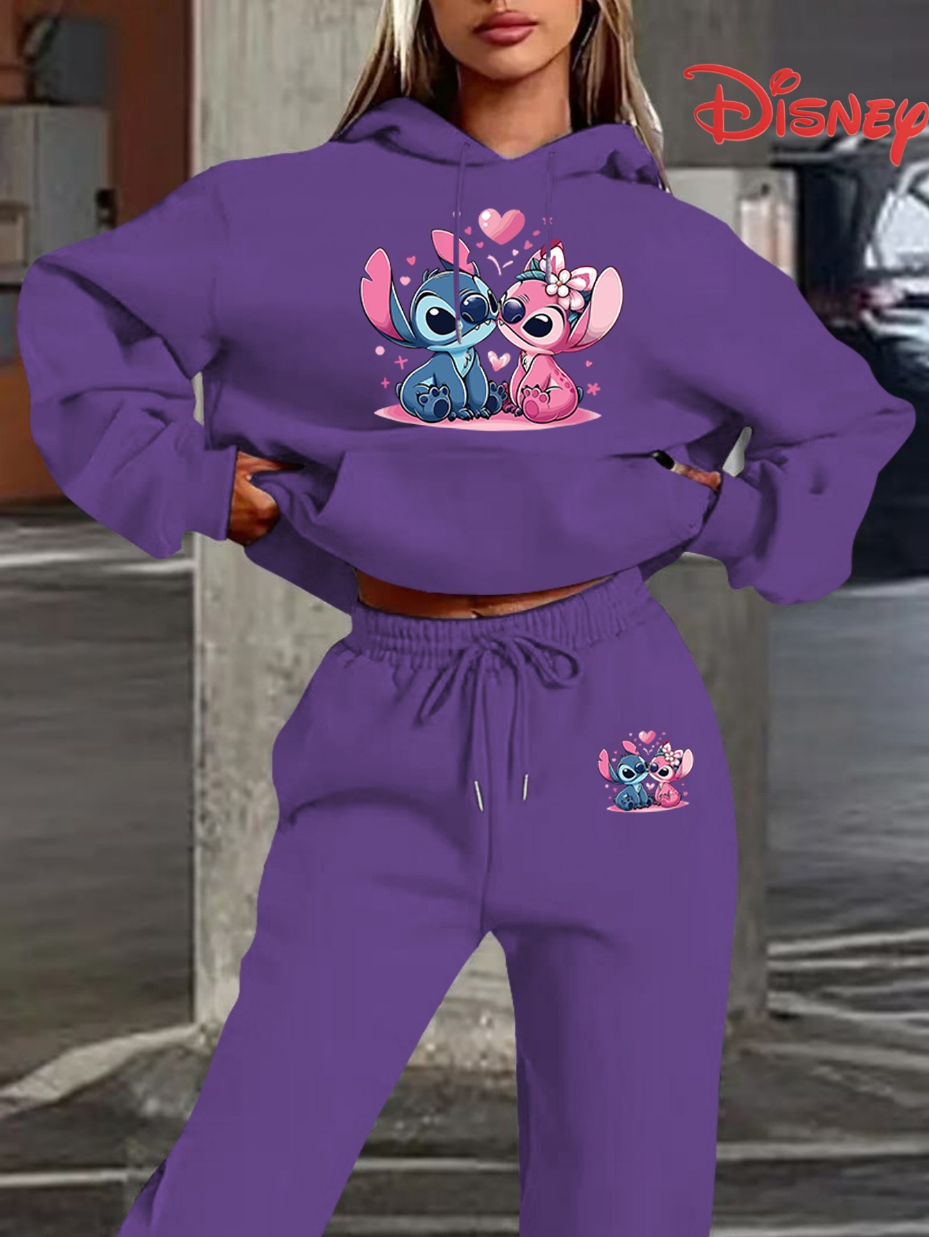 Women'S Cozy Fleece Hoodie & Sweatpants Set - Adorable Cartoon Bear & Heart Print, Black, Long Sleeve, Drawstring Hood, Comfortable Fit for Fall/Winter, Casual Wear|Playful Print|Fleece Lined Clothing