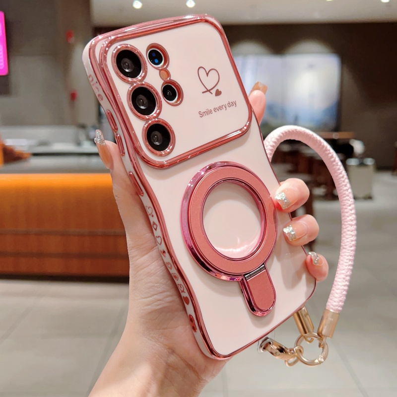 TEMU Phone Case - Fashion Wavy Frame Bracket Hand Rope Phone Case For Galaxy S22 S23 S24 S25 Fe A14 A15 A16 A24 A25 A26 A34 A35 A36 A54 A55 Men Women