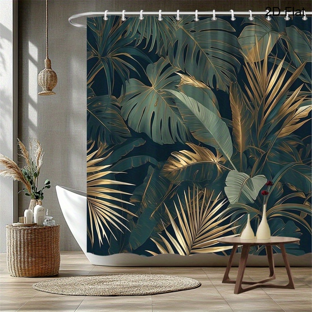 TEMU 2d Flat, 2d Curtain, A Tropical Jungle-style Shower Curtain Featuring Large, Leaves Designed With Malaysian Leaves And Palm Trees, With Golden
