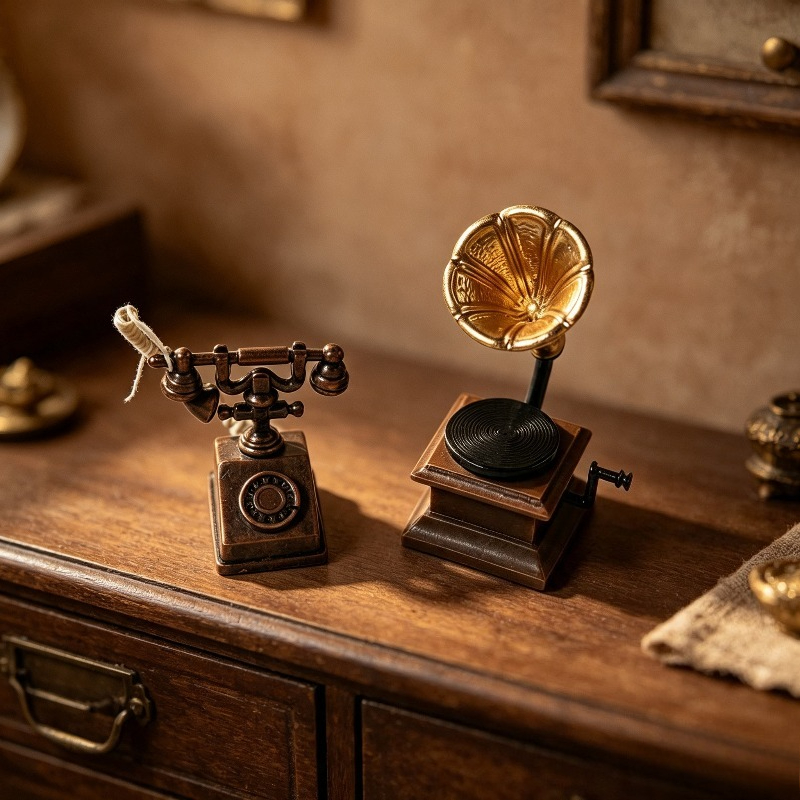 TEMU 1 Set Miniature Vintage Distressed Bronze Gramophone And Old-style Telephone Combination Set, Miniature Old Appliance Ornament, Scene Shooting