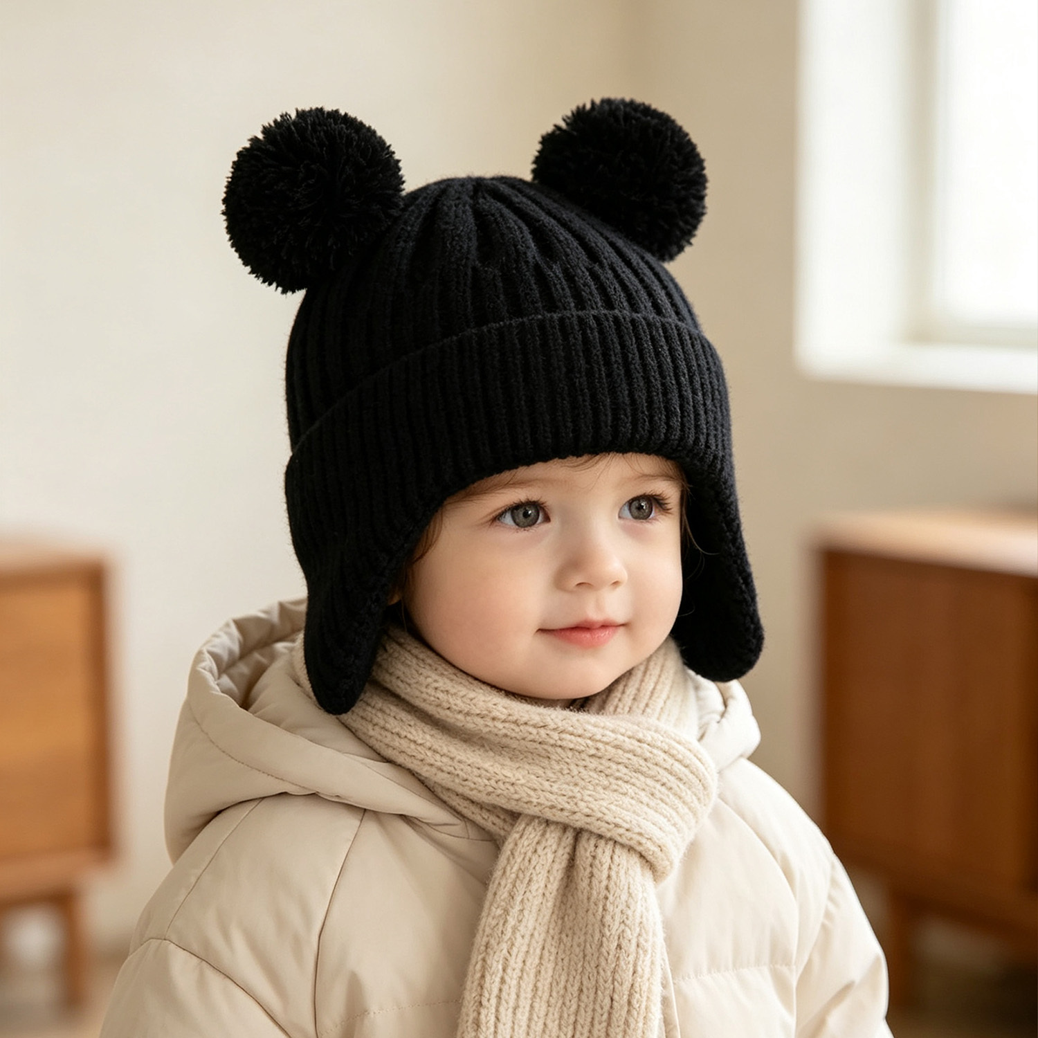 TEMU 1pc Baby Double Pom Pom Knit Ear Flap Hat, Cute Solid Color Toddler Beanie Hats Winter Hat Daily Head Hat For Boys Girls