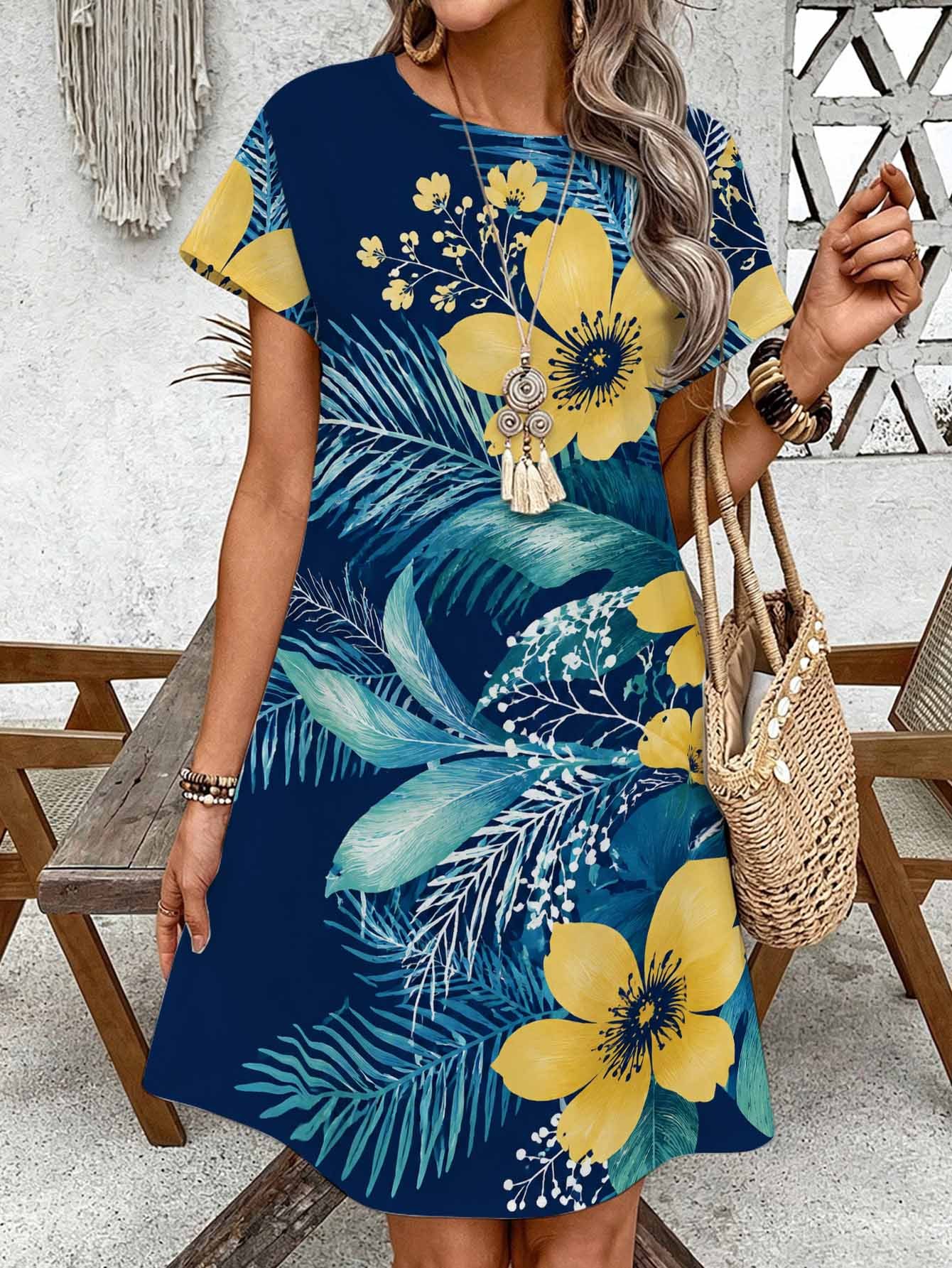 blue dress with yellow flowers sold on Temu United States
