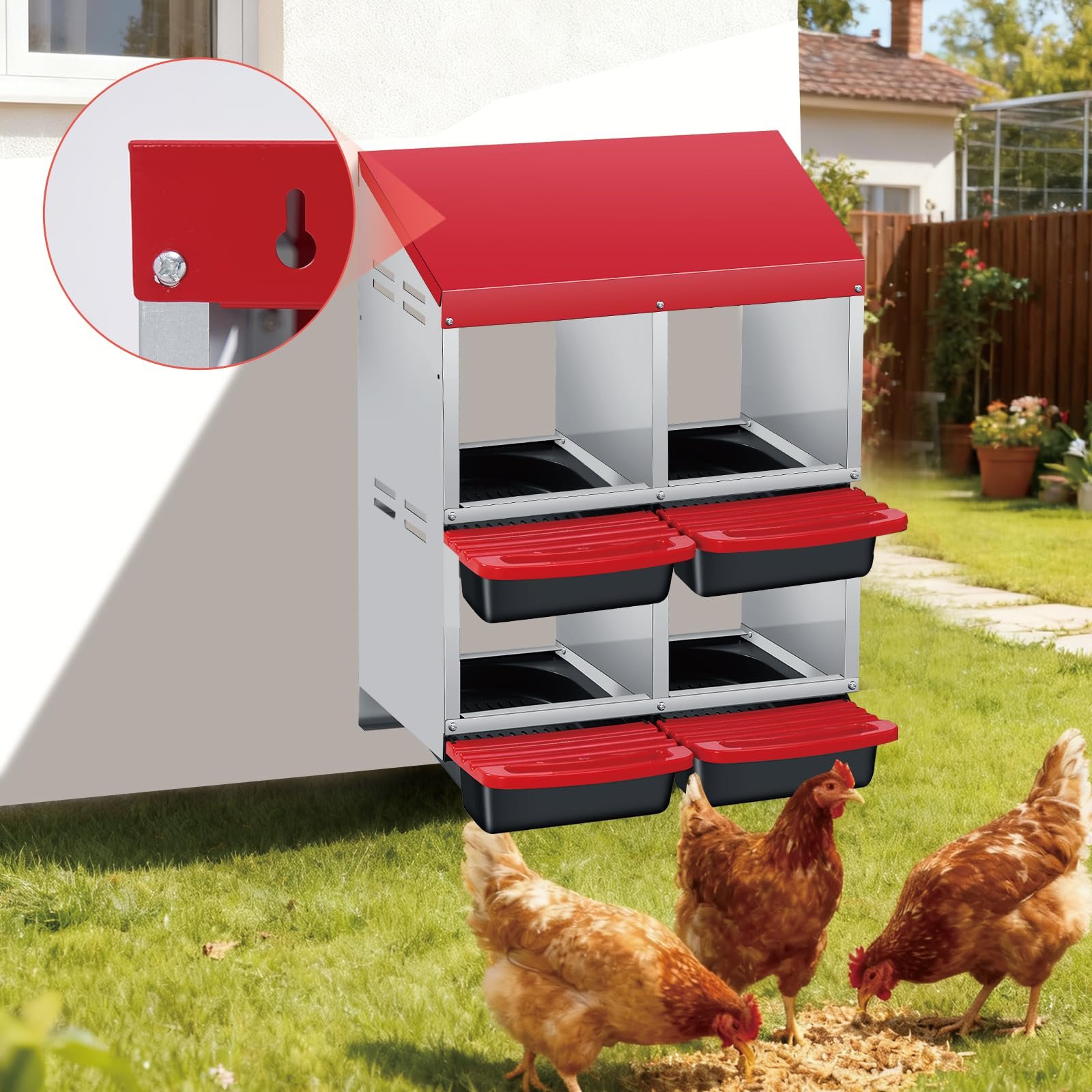 Image of 4-compartment Chicken Nesting Box, Mental Nesting Boxes With Pull-out Trays And Ventilation, Waterproof Roof, Egg Nesting Boxes, Wall Mount Or Stand Hen Laying Box For Hens Chicken Coop Laying Box