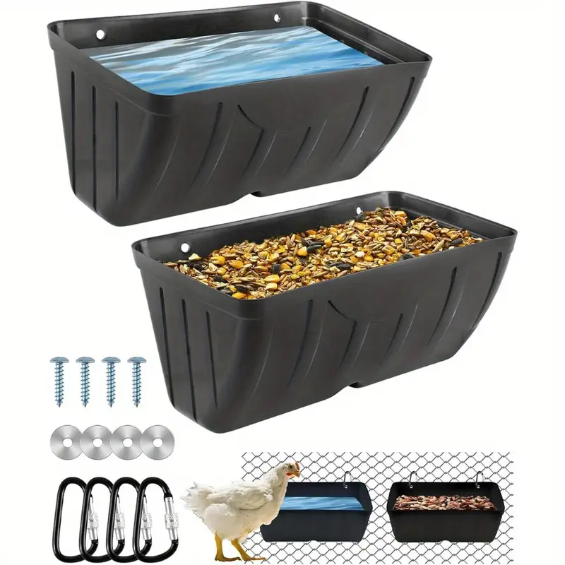 ATKSKYO 2-Pack Hanging Fence Feeders For Chickens, Ducks, Goats, Pigs - 4 Quart Bucket With Clips, Black
