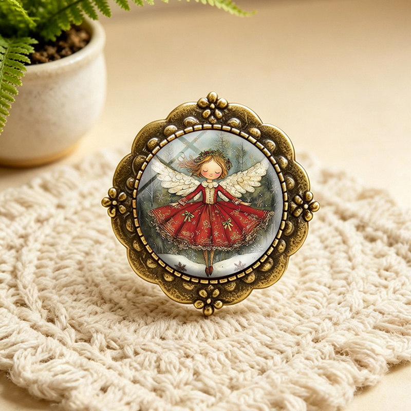 TEMU 1pc Couronne de houx, fée ailée, broche ronde en verre avec fleur, vêtements, sacs à dos, épingles, broches, ajouts unisexes