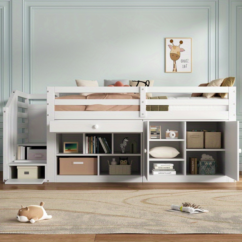Multifunctional White Wooden 'S Bed with Stairs Storage Space and Reversible Drawers for Desk Use Left Right Interchangeable Design 90190 cm Without Mattress