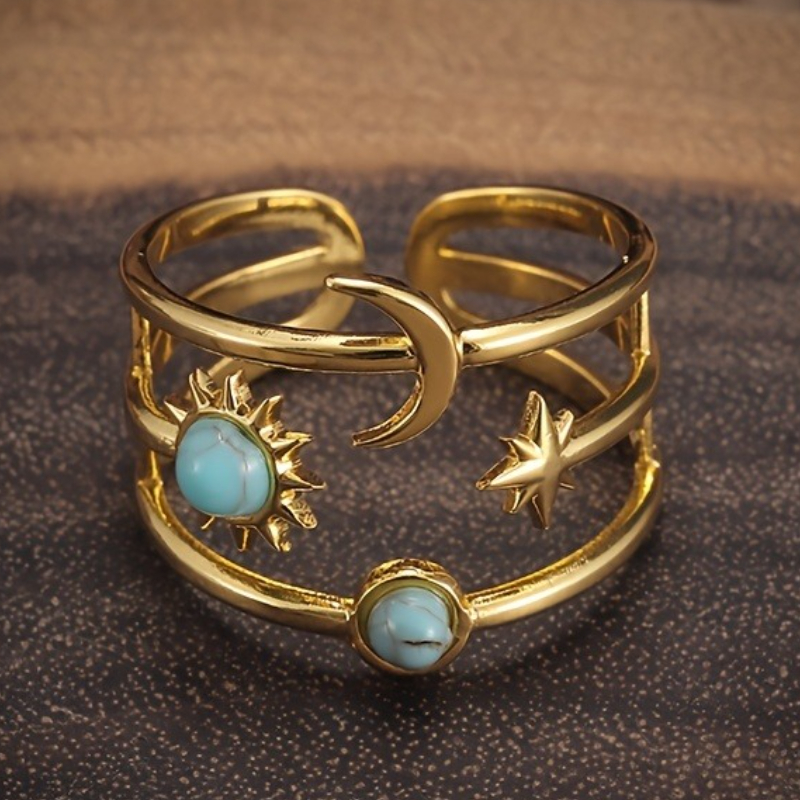 Image of Hip-hop Style Inlay Synthetic Turquoise Star Moon Opening Adjustable Ring For Men Women Party Carnival Punk Fashion Trend Jewelry Accessories(random Pattern)