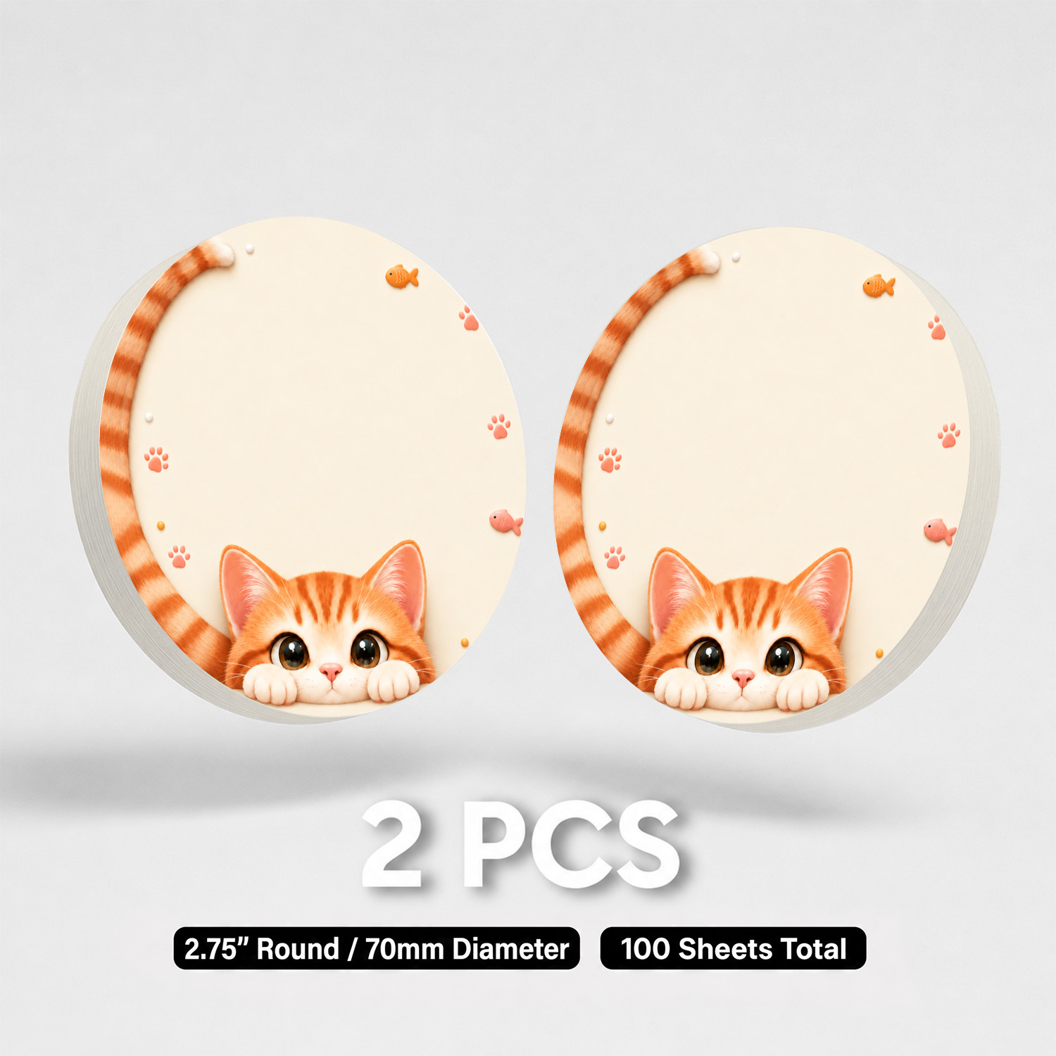 TEMU 2 pezzi di post-it rotondi e carini con gatto , 100 fogli , blocchetti di appunti con gattino che spia da 70X70 mm con di , design con pesce e ,